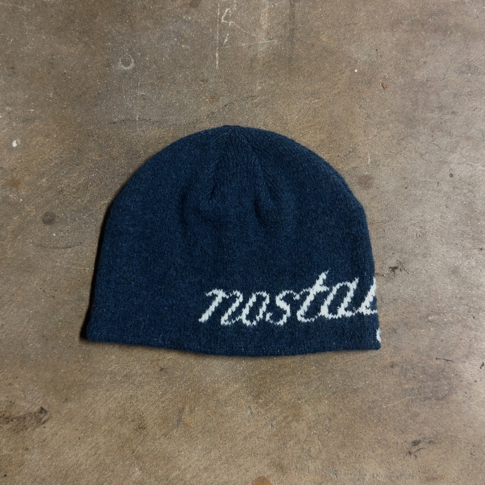 Blue Knit Beanie with White Text